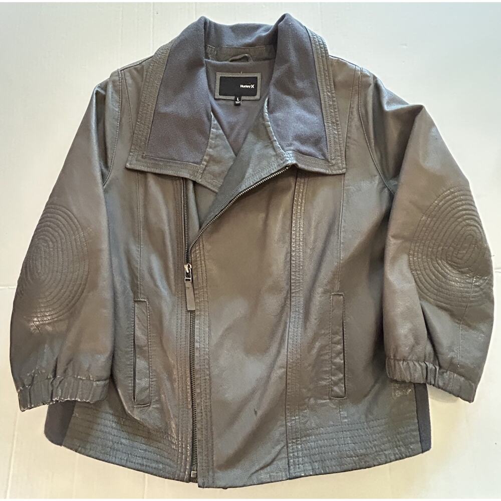 Vtg Hurley Leather Bomber Jacket Asymmetrical Zip 3/4 Sleeve Biker Gray Sz Large